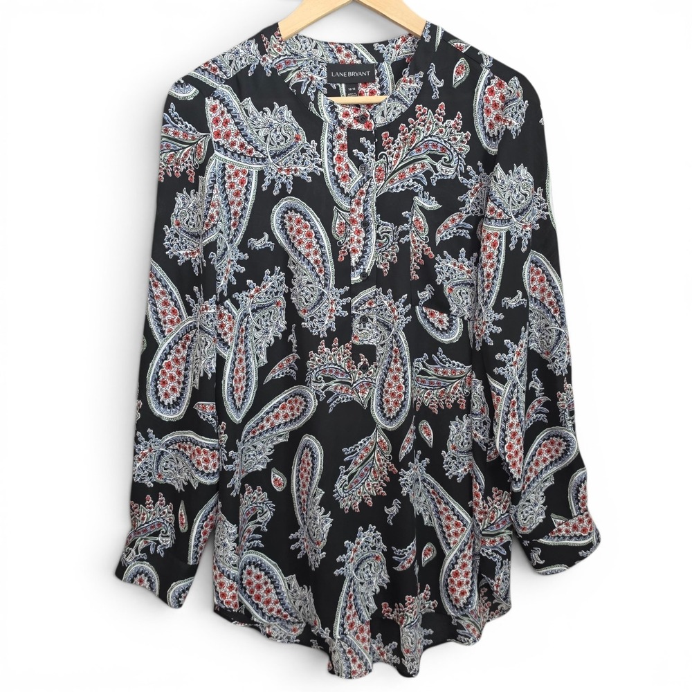 Lane‎ Bryant Top Womens Plus 14/16 Black Paisley Print Popover Blouse Casual